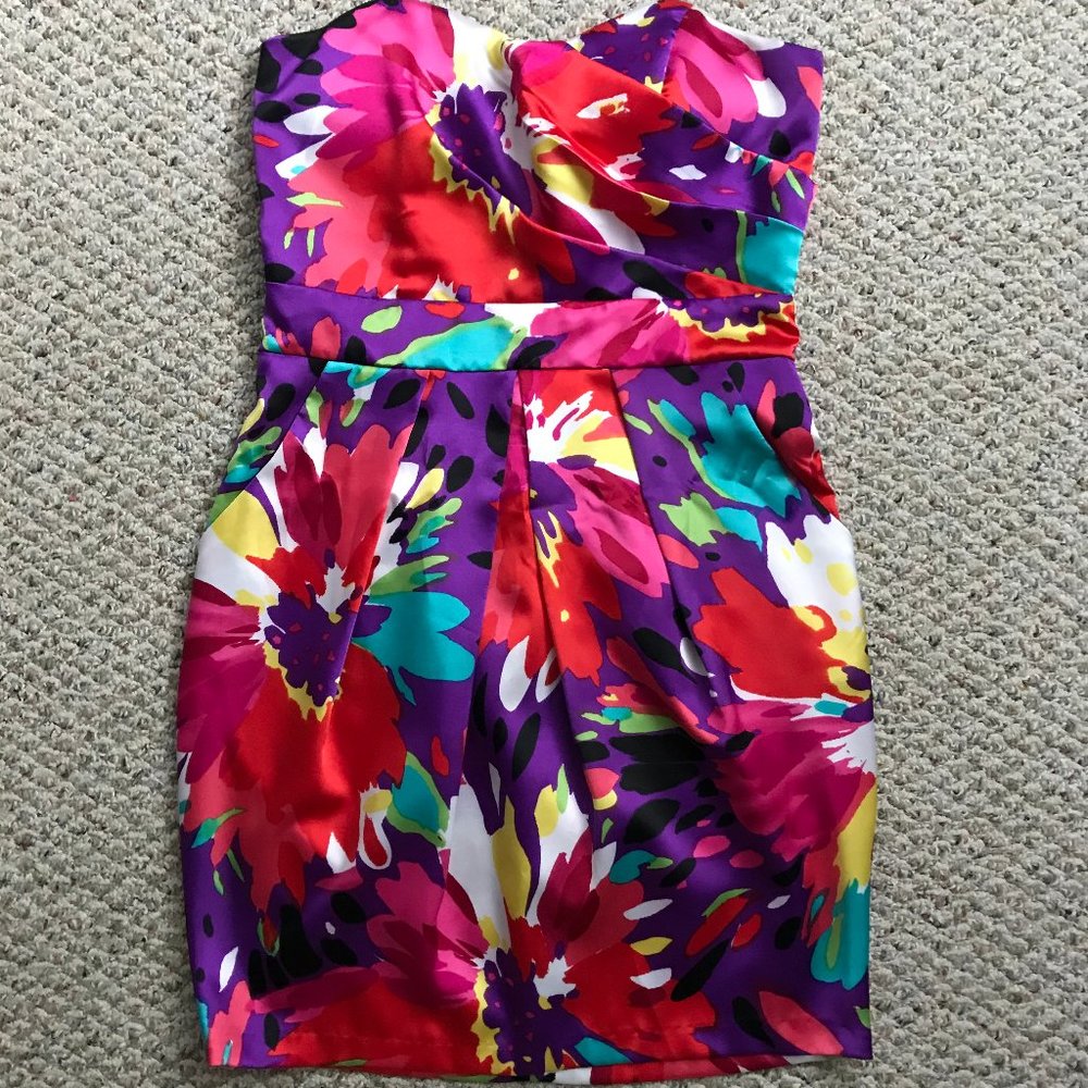 Satin Strapless Graphic Floral Print Cocktail Dress, Size Large